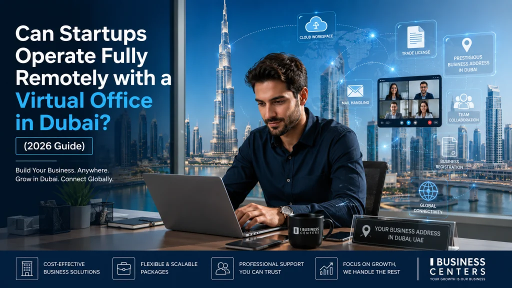 Startup founder working remotely with a virtual office in Dubai featuring Business Bay skyline, digital business tools, and virtual office services in UAE