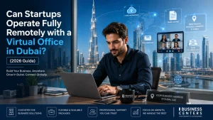 Startup founder working remotely with a virtual office in Dubai featuring Business Bay skyline, digital business tools, and virtual office services in UAE