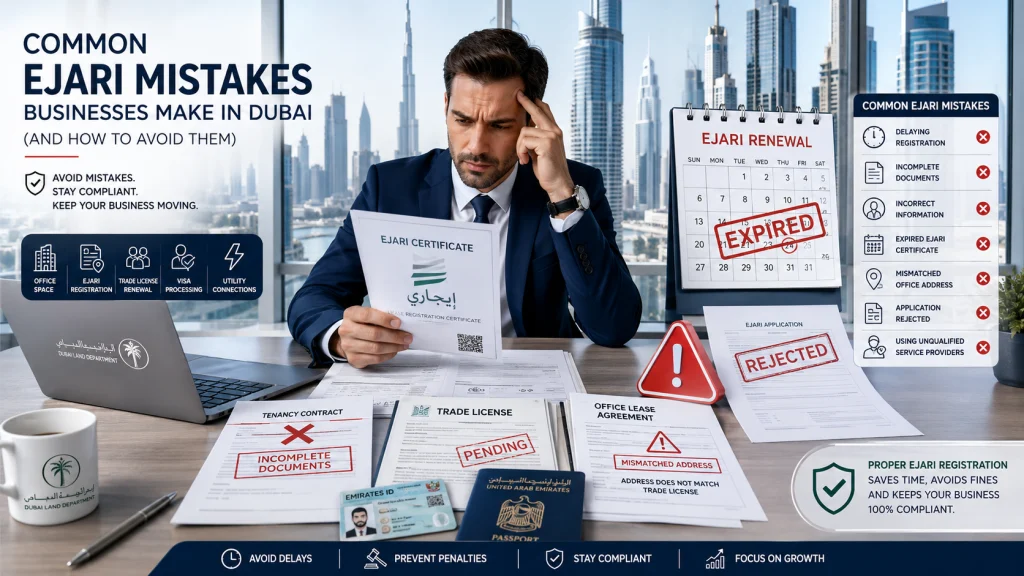 Business owner reviewing Ejari registration documents in Dubai showing common Ejari mistakes, trade license delays, and office compliance requirements