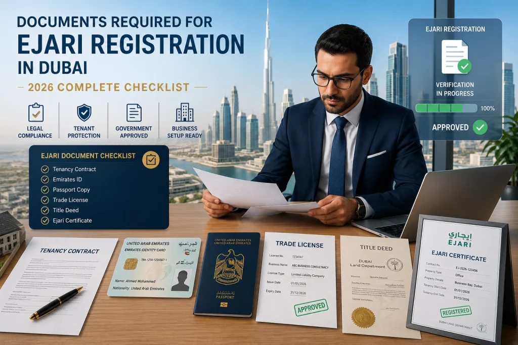 Documents required for Ejari registration in Dubai including tenancy contract, Emirates ID, passport, trade license, and Ejari certificate for office rental and business setup.