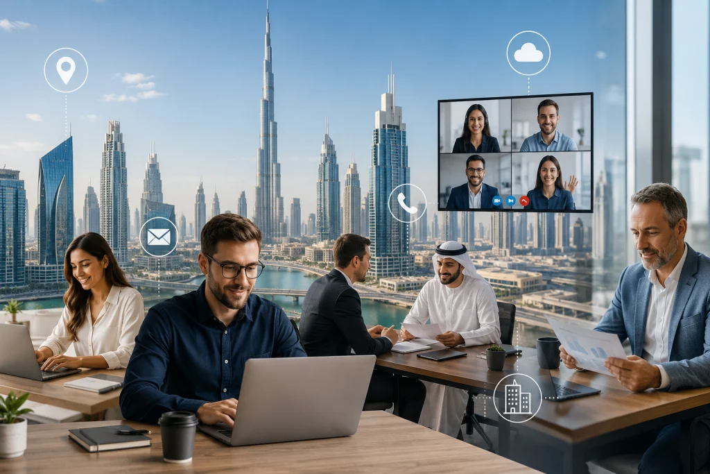 Startup founders, freelancers, consultants, and remote professionals using a virtual office in Dubai with the Business Bay skyline in the background