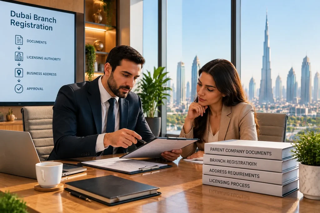 Business professionals reviewing Dubai branch registration and business address requirements.