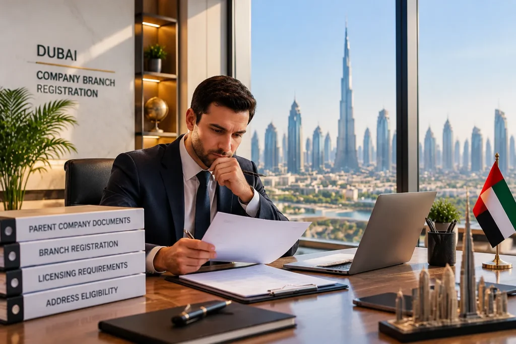Businessman reviewing parent company documents for Dubai branch registration.