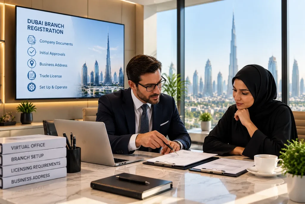 Business consultants reviewing foreign company branch registration requirements in Dubai.