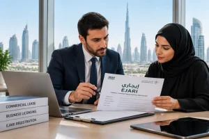 Business professionals reviewing Ejari documents and trade licence paperwork in a Dubai office.