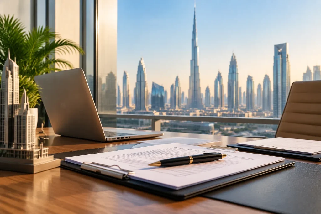 Office tenancy documents on a desk overlooking the Dubai skyline.