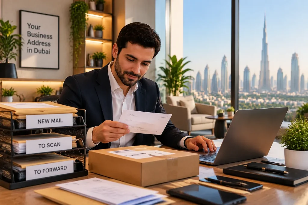 How Does Mail Handling Work in a Dubai Virtual Office? Business professional reviewing mail and documents at a Dubai virtual office desk.