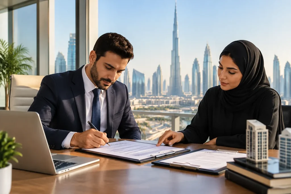 Business professionals signing an office tenancy contract in Dubai.