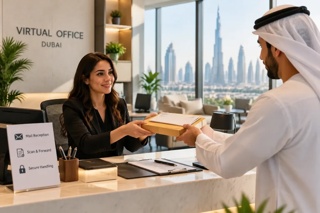 How Does Mail Handling Work in a Dubai Virtual Office? Receptionist receiving business mail at a virtual office in Dubai.