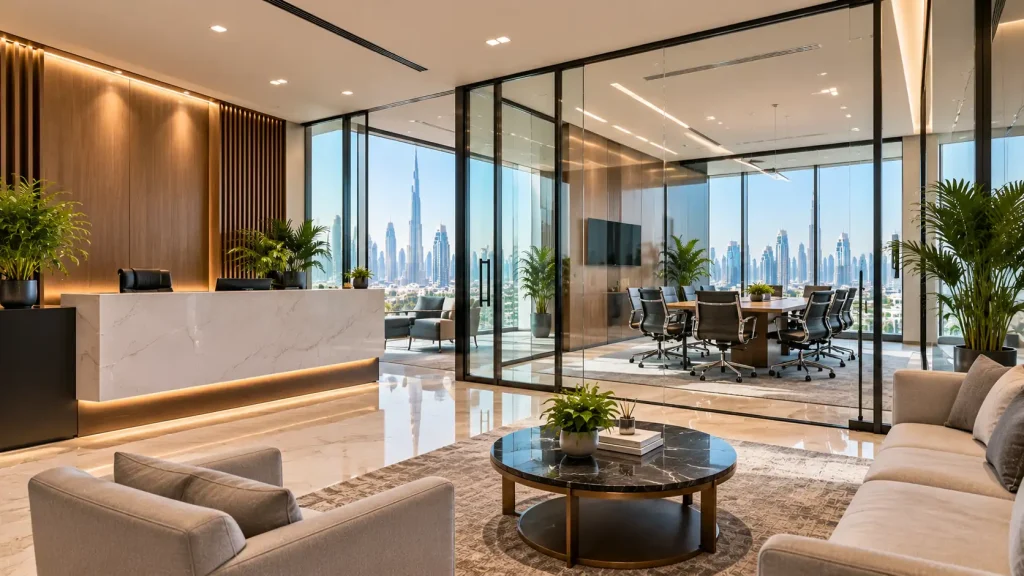 Business Center vs Traditional Office in Dubai: 7 Key Differences Business center facilities in Dubai including a meeting room and professional reception area