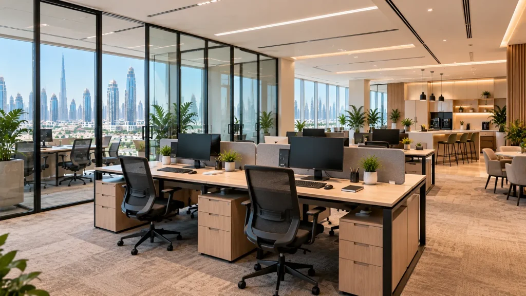 Modern business center workspace with organised workstations and shared office facilities.