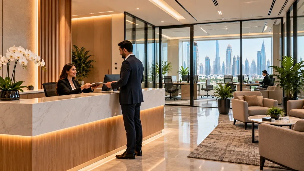 Receptionist assisting a visitor at a modern business center in Dubai.