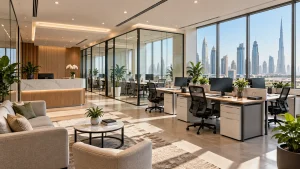 Modern business center in Dubai with furnished offices and professional workspace facilities.