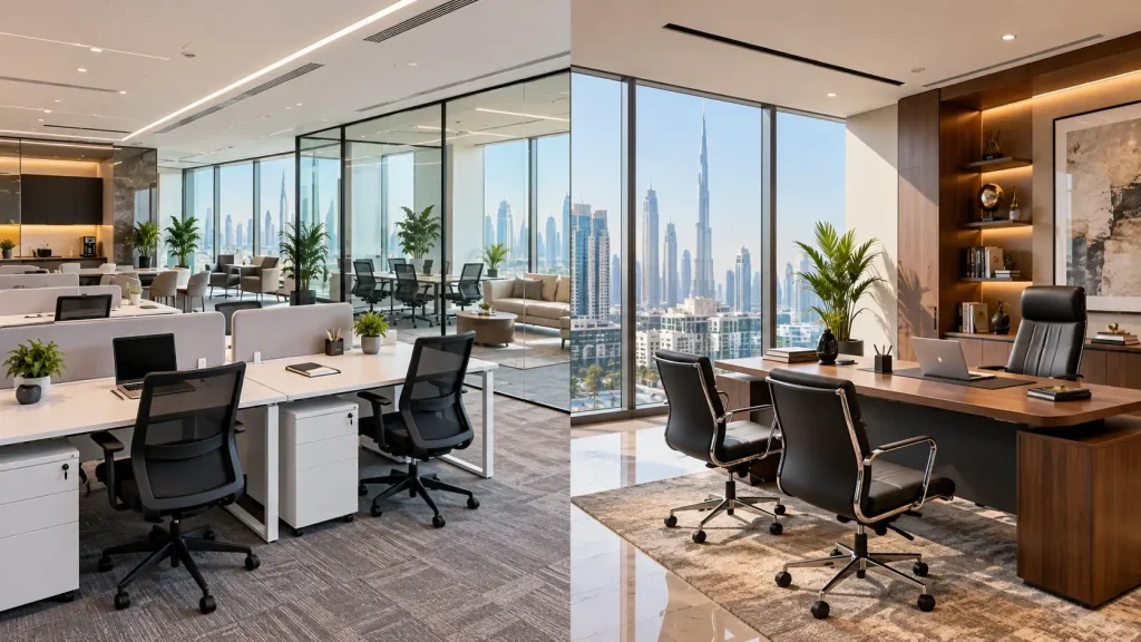 Business Center vs Traditional Office in Dubai: 7 Key Differences Business center vs traditional office in Dubai showing two different office environments