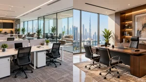 Business center vs traditional office in Dubai showing two different office environments