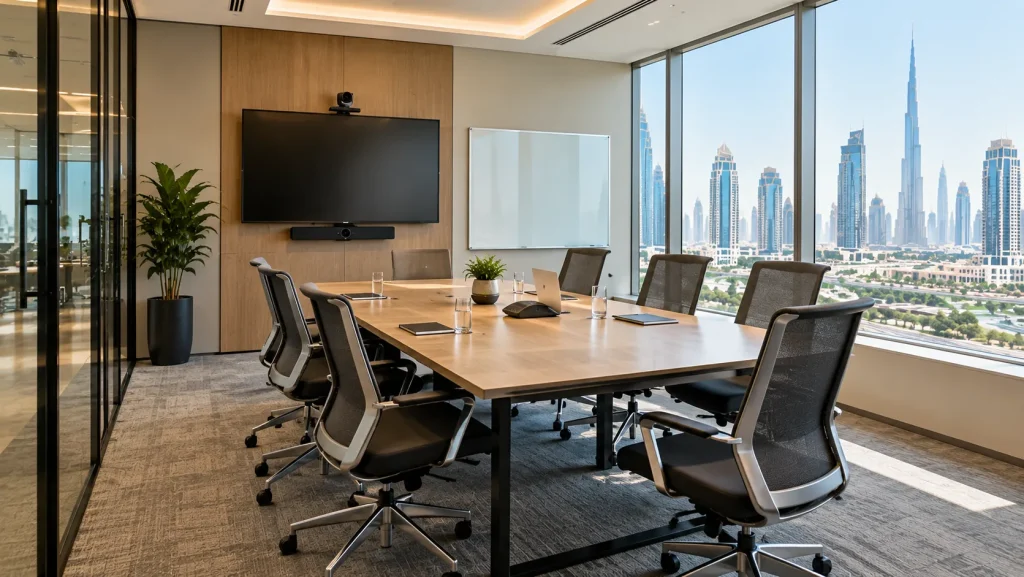 Professional meeting room in Dubai with a conference table and presentation equipment.