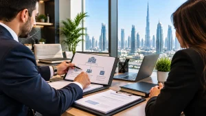 Business professionals reviewing foreign company branch registration documents in a modern Dubai office.