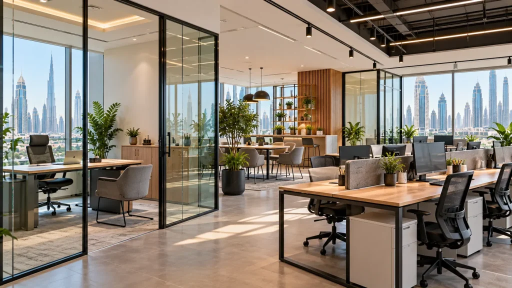 Private offices and shared workspaces inside a modern Dubai business center.