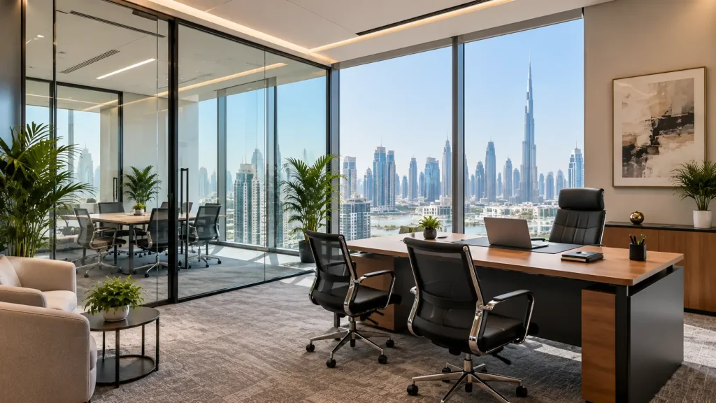 Business Center vs Traditional Office in Dubai: 7 Key Differences Furnished business center office in Dubai with desks and professional workspaces
