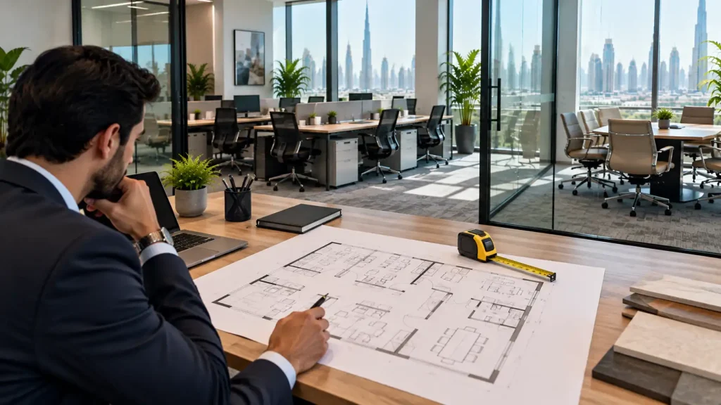 Furnished office interior with desks and meeting space arranged to fit the available floor area