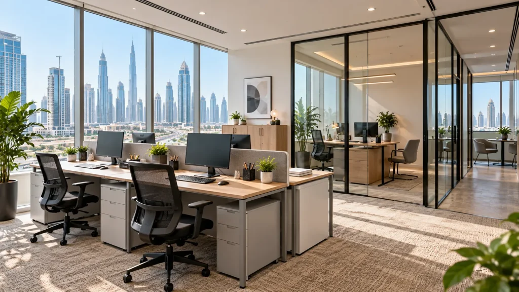 Fully furnished office space in Dubai with desks, ergonomic chairs and workstations.