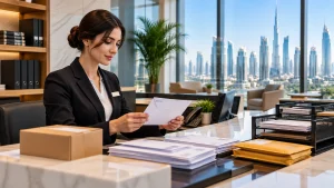 Receptionist sorting business mail and envelopes at a modern Dubai virtual office.