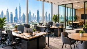 Modern Dubai office workspace with desks and meeting areas for calculating team office space requirements.