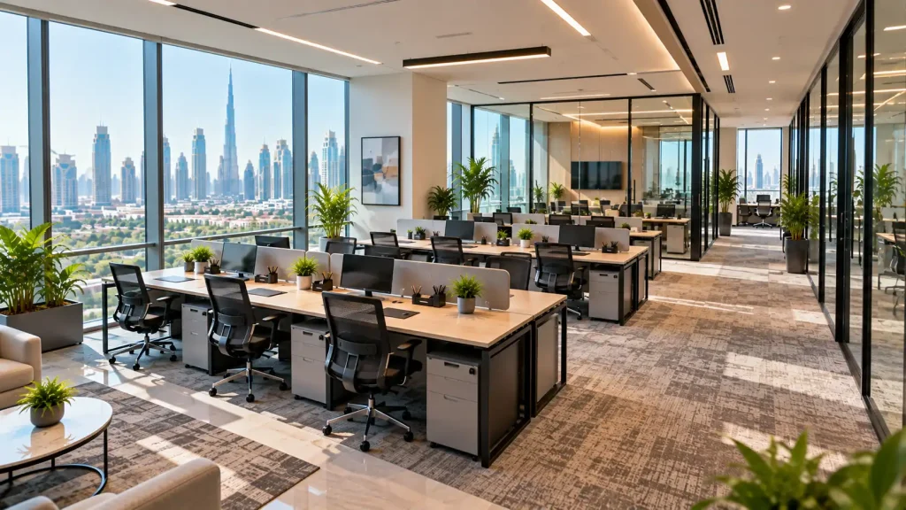 Ten-person office layout with workstations, a meeting area and storage space