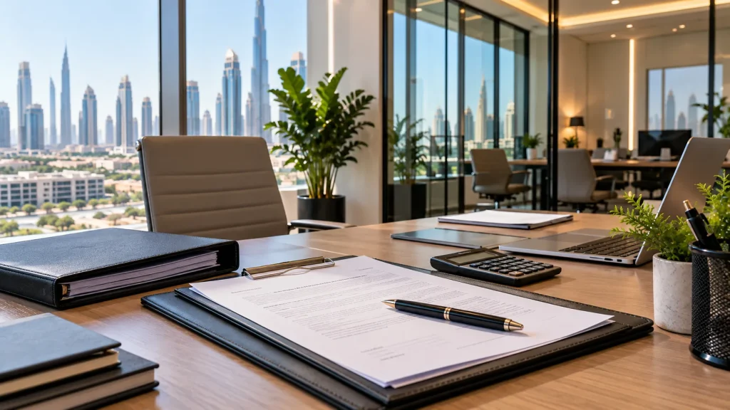 Office tenancy agreements and business documentation arranged on a desk in Dubai.