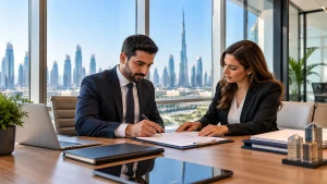 Business professionals reviewing and signing an office tenancy contract in a modern Dubai office.