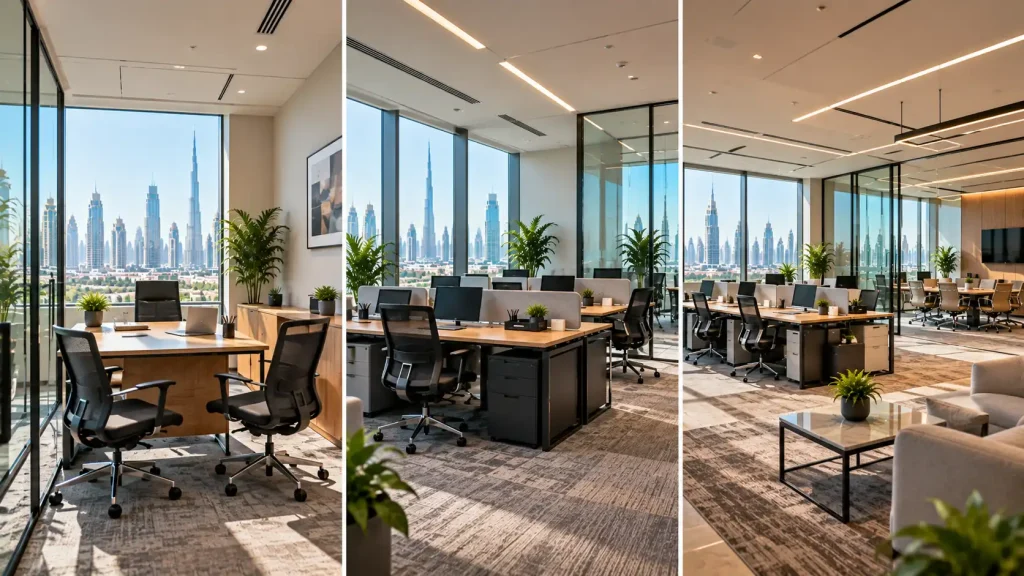 Office workstation layout with desks, chairs and walkways arranged for efficient use of space