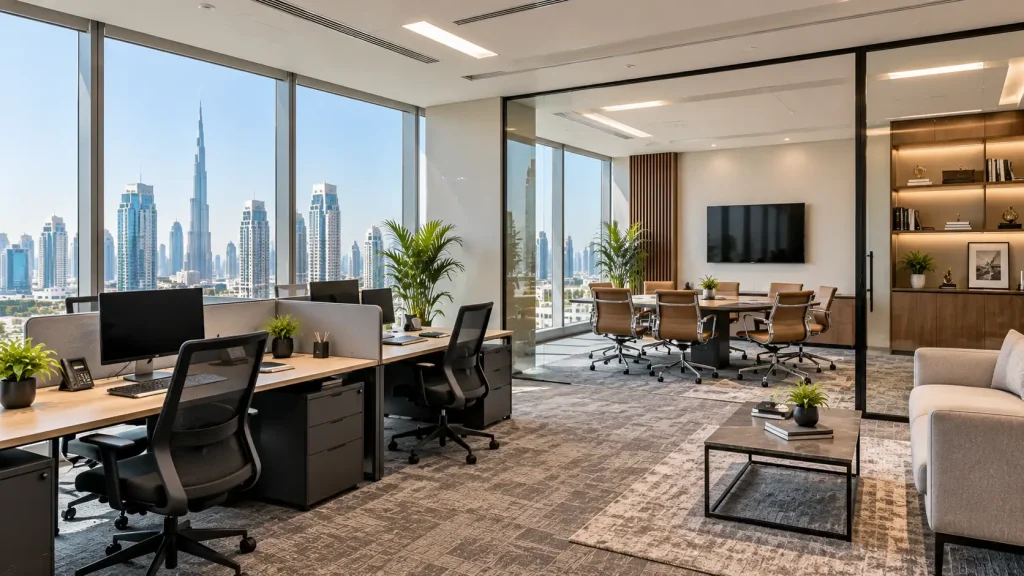 Business Center vs Traditional Office in Dubai: 7 Key Differences Traditional commercial office in Dubai with a dedicated workspace and office furniture