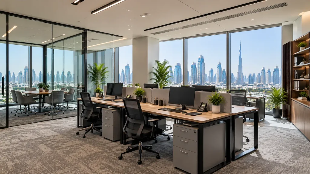 Business Center vs Traditional Office in Dubai: 7 Key Differences Customised traditional office workspace with a flexible desk layout and professional furniture