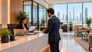 Virtual office application process in Dubai with a professional business center reception and modern office interior.