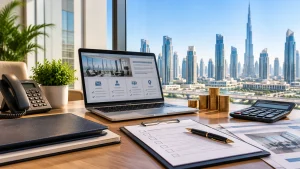 Professional office desk with a laptop, calculator and paperwork representing virtual office costs and fees in Dubai.
