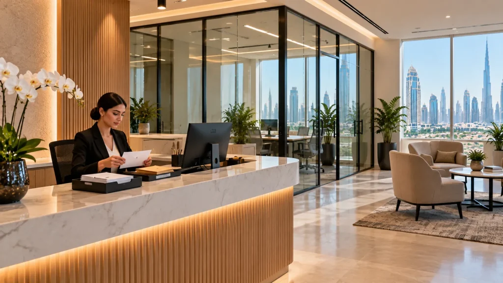 Professional business center reception with mail handling facilities in Dubai.